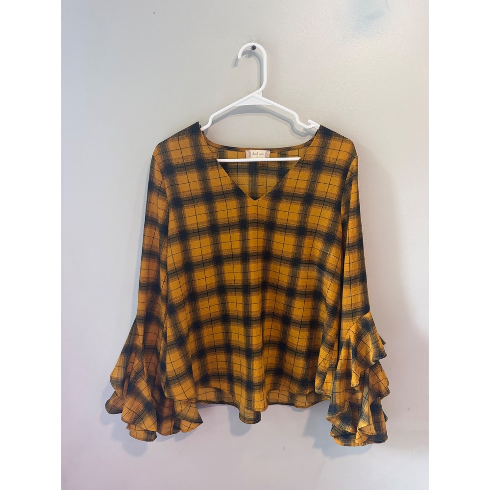 Altard State Mustard Yellow Plaid Ruffle Bell Sleeve V-Neck Large B8FT1148